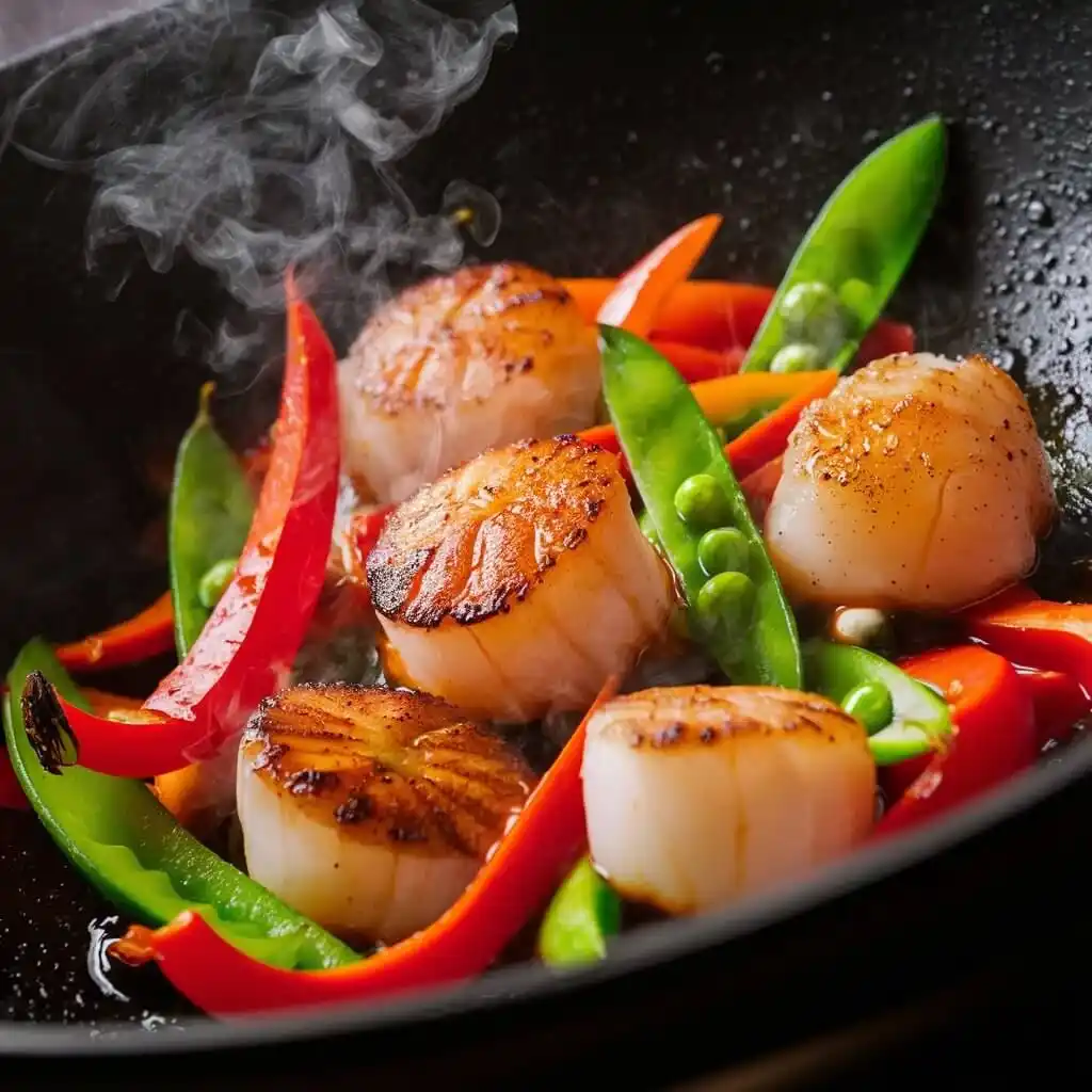 Fishcakes and Scallops Stir Fry: 6 Steps to super Yummy Meal 3 Searing scallops and vegetables in a wok for fishcakes and scallops stir fry