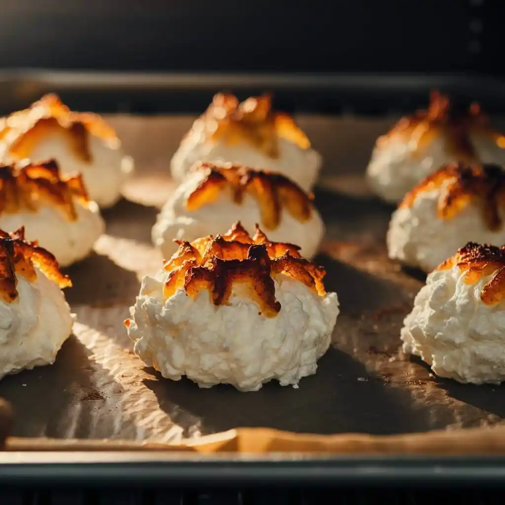 Cottage Cheese Chips Recipe: Are They Healthy? 3 Cottage cheese chips baking on a parchment-lined sheet in the oven, turning golden and crispy.