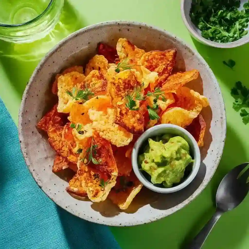 Cottage Cheese Chips Recipe: Are They Healthy? 4 Crispy cottage cheese chips in a ceramic bowl with guacamole, garnished with fresh herbs.