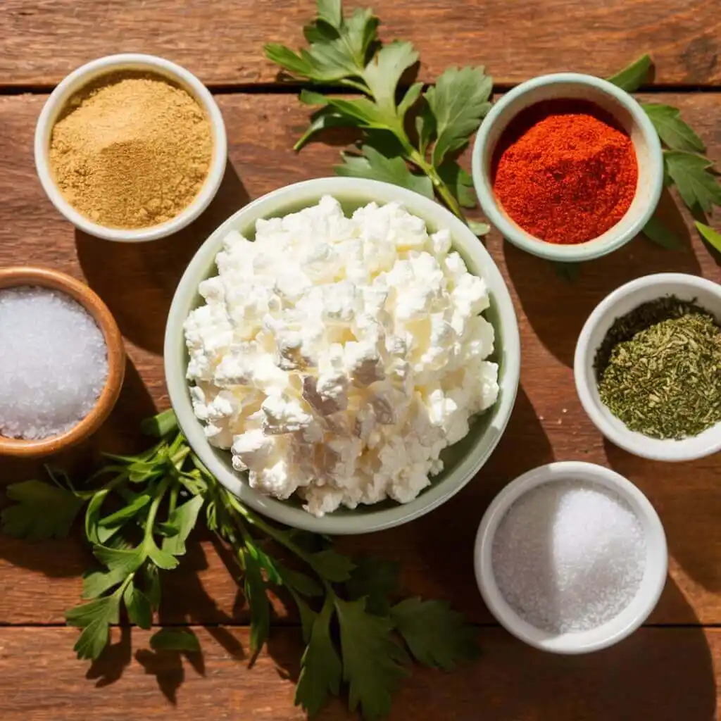 Cottage Cheese Chips Recipe: Are They Healthy? 2 Ingredients for cottage cheese chips recipe, including cottage cheese, garlic powder, and smoked paprika on a wooden table.