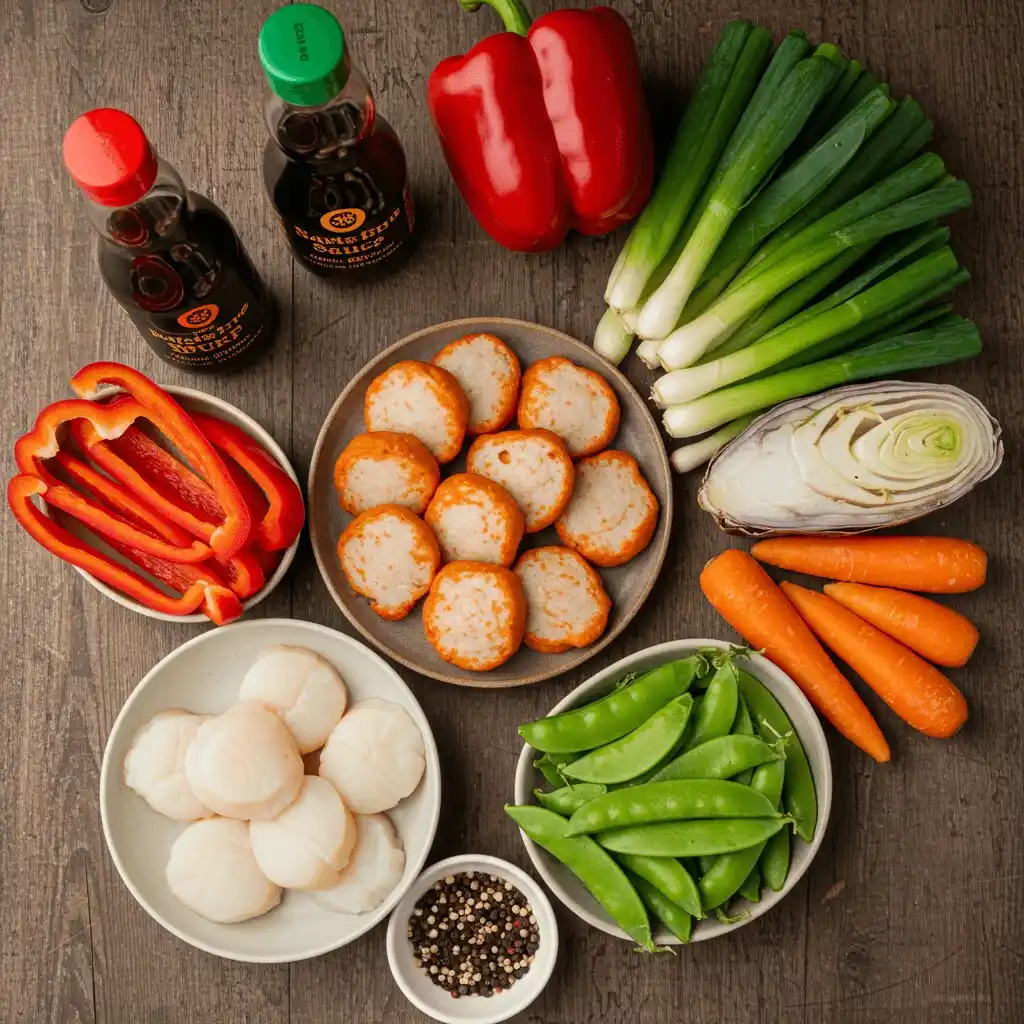 Fishcakes and Scallops Stir Fry: 6 Steps to super Yummy Meal 2 Fresh ingredients for fishcakes and scallops stir fry, including scallops, fishcakes, and colorful vegetables