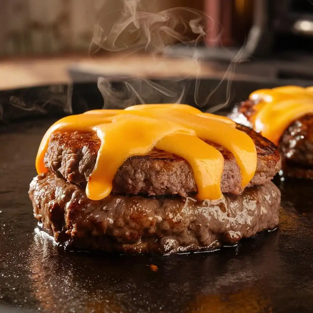 Hangover Burger Recipe: Easy & Hearty in 15 Min 3 Sizzling beef patty with melted cheddar cheese for a hangover burger recipe.