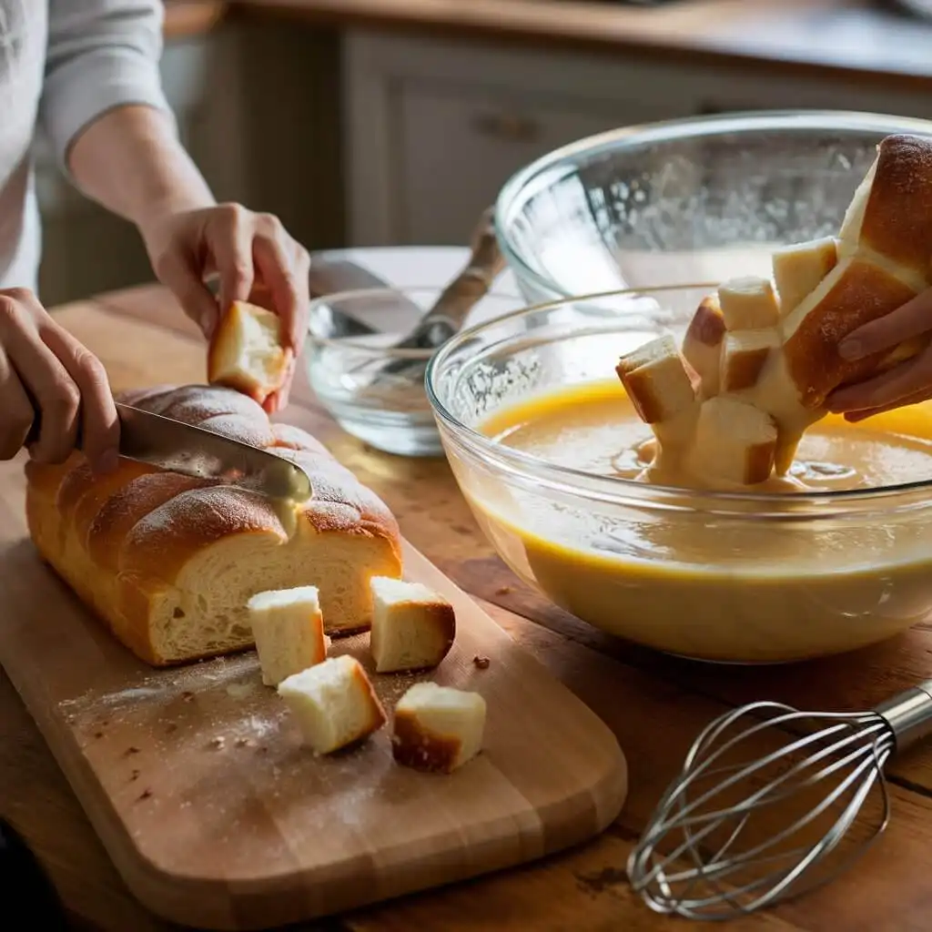 Cinnamon Sugar French Toast Muffins: 5 Easy Steps 3 Cubed brioche soaking in custard mixture for cinnamon sugar French toast muffins