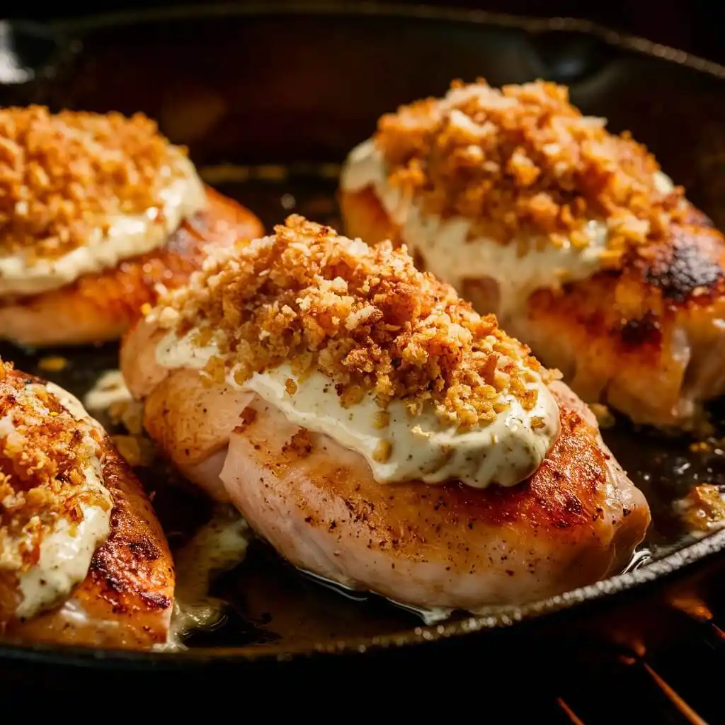 Longhorn Steakhouse Parmesan Crusted Chicken 3 Chicken breasts with ranch spread and Parmesan-panko topping, ready for broiling in a skillet.
