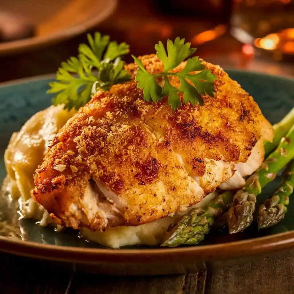 Longhorn Steakhouse Parmesan Crusted Chicken 4 Longhorn Steakhouse Parmesan Crusted Chicken plated with mashed potatoes and asparagus.