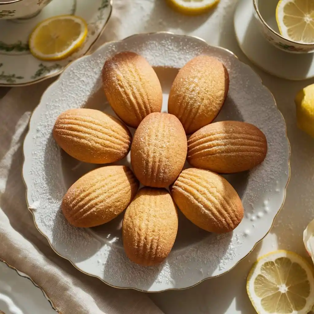 Madeleine Cookies Recipe Using Cream: 5 Easy Steps 4 Golden madeleine cookies dusted with powdered sugar, made with a creamy batter recipe.