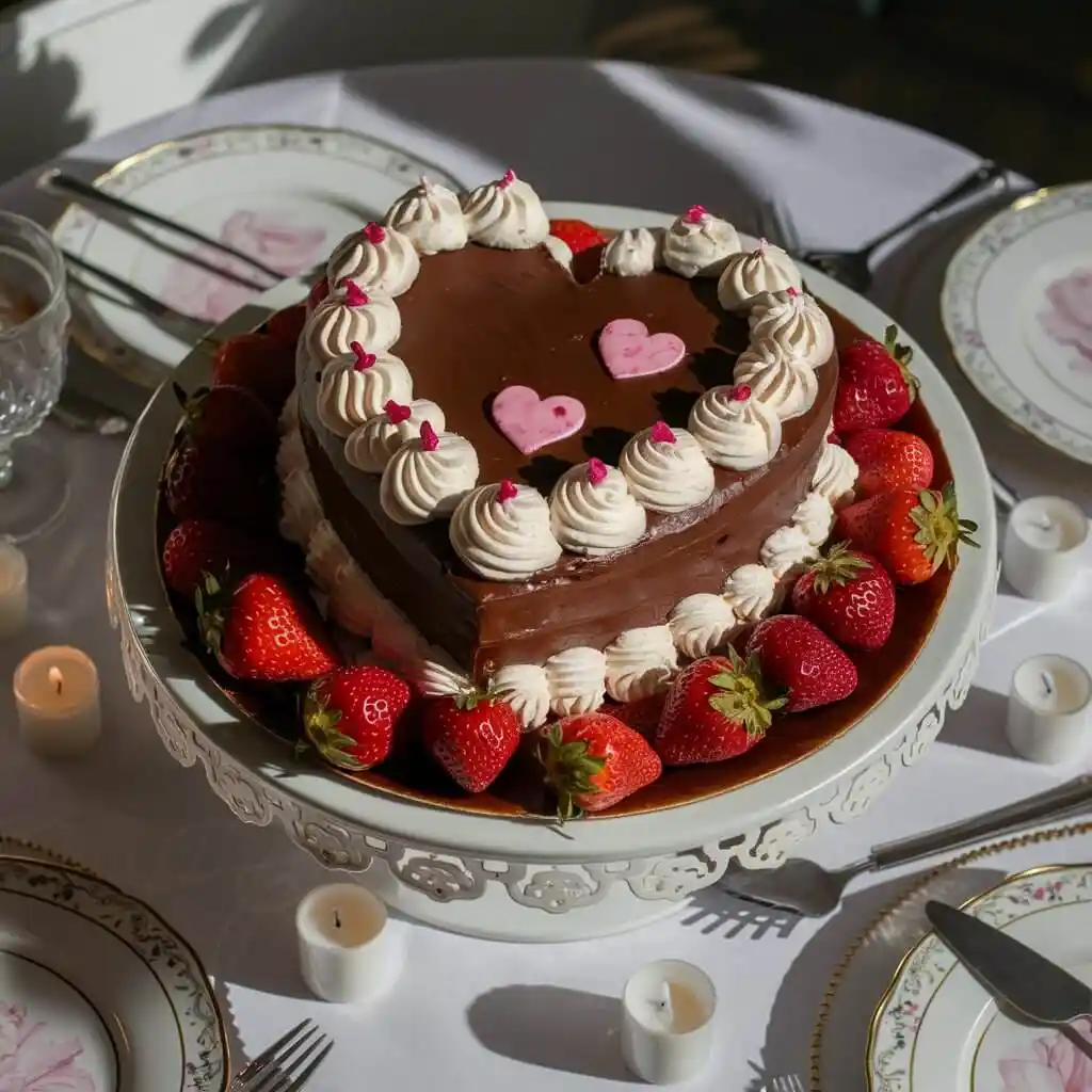 Heart Cake: 5 Easy Steps to Bake with Love 4 Heart-shaped chocolate cake with pink frosting and love hearts, styled for a celebration.