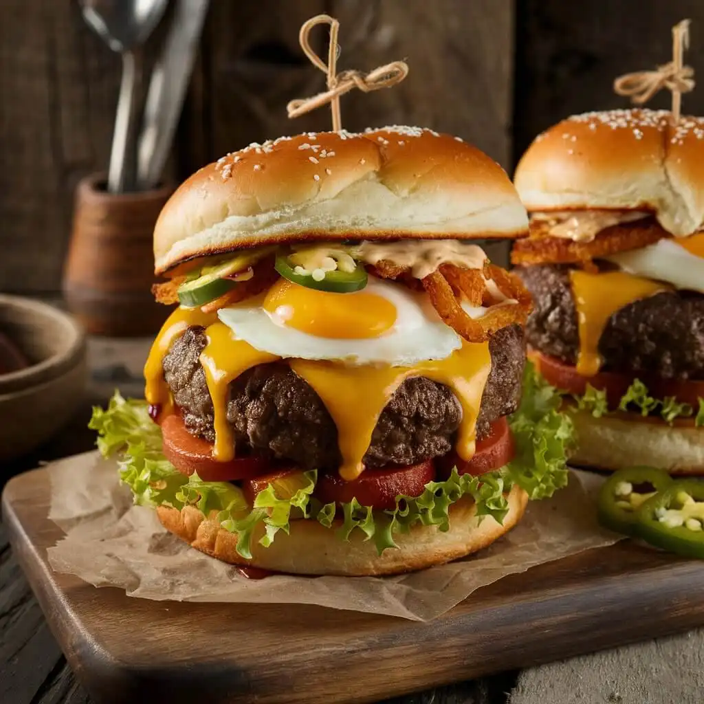 Hangover Burger Recipe: Easy & Hearty in 15 Min 4 Fully assembled Hangover Burger with fried egg, cheddar, and spicy aioli.