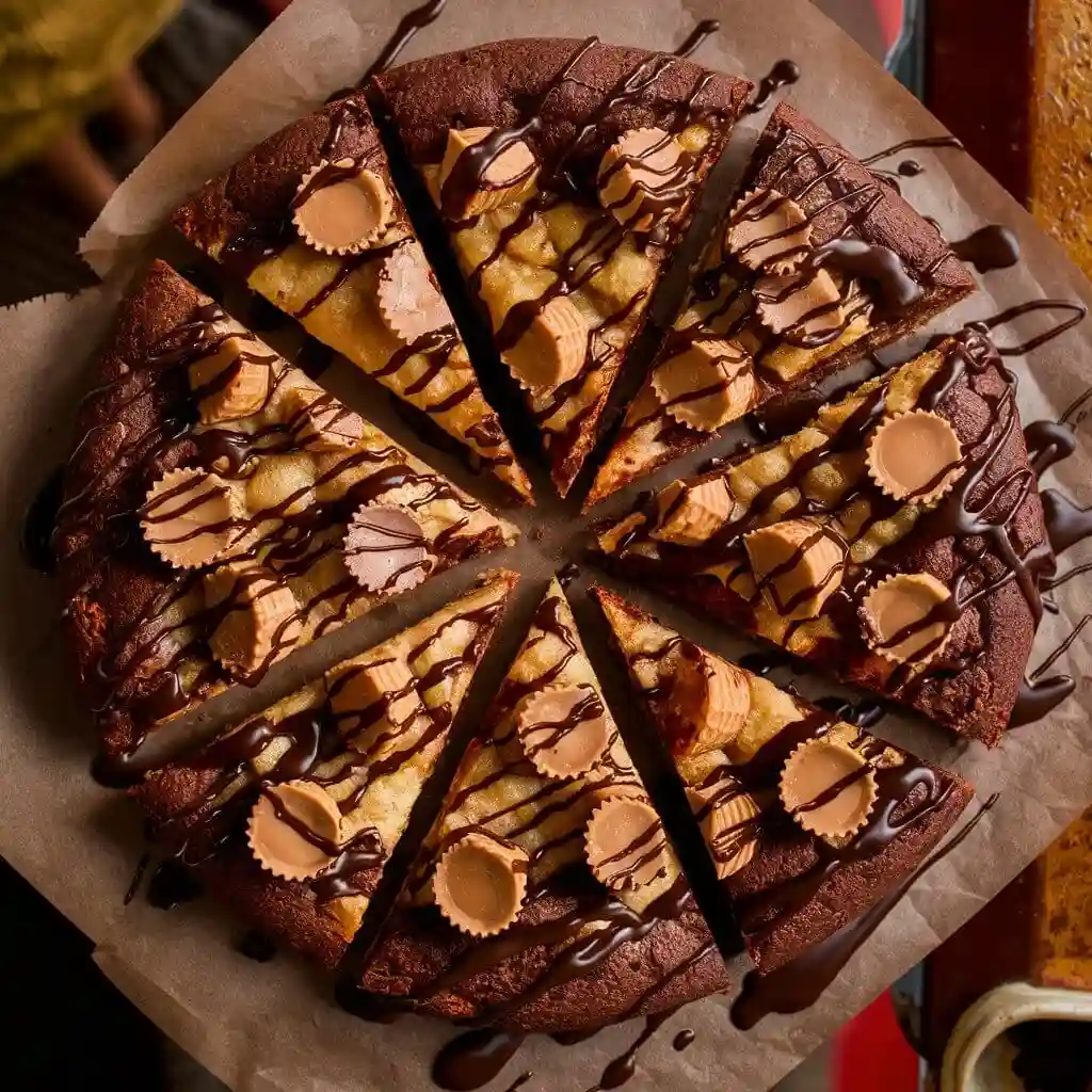 Brownie Lover's Peanut Butter Pizza: 5 Easy Steps 4 Sliced Brownie Lover's Peanut Butter Pizza topped with peanut butter cups and chocolate drizzle
