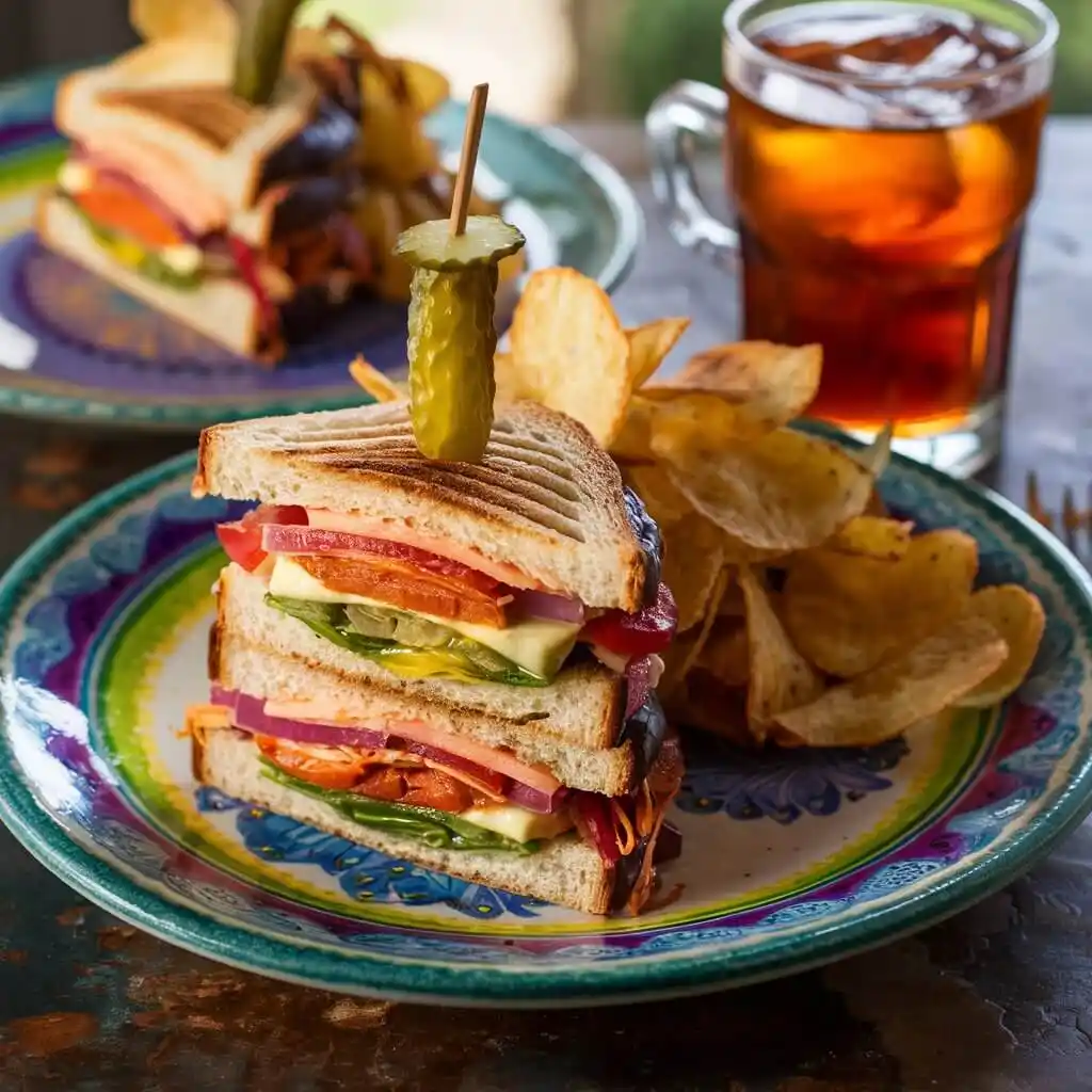 Knob Sandwich: 3 Easy Steps to Make It Delicious 4 A beautifully presented knob sandwich, cut diagonally, with a pickle knob topping, served with kettle chips and iced tea.