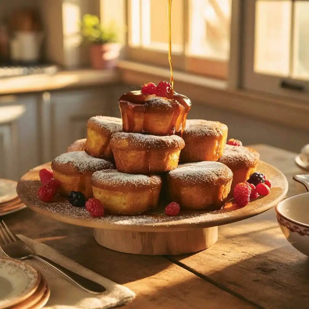 Cinnamon Sugar French Toast Muffins: 5 Easy Steps 4 Golden cinnamon sugar French toast muffins drizzled with maple syrup and garnished with berries.