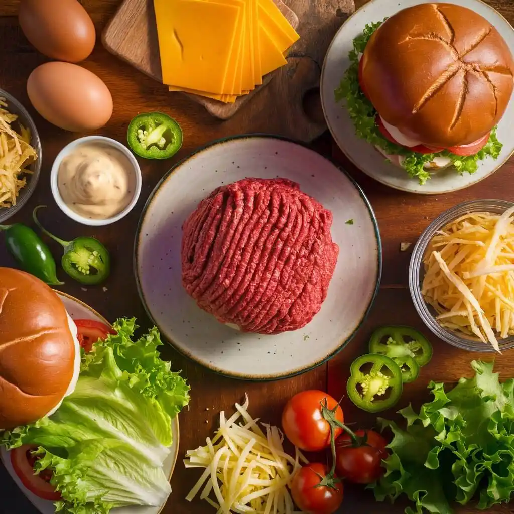 Hangover Burger Recipe: Easy & Hearty in 15 Min 2 Fresh ingredients for a hangover burger recipe, including ground beef, eggs, cheddar cheese, and brioche buns.