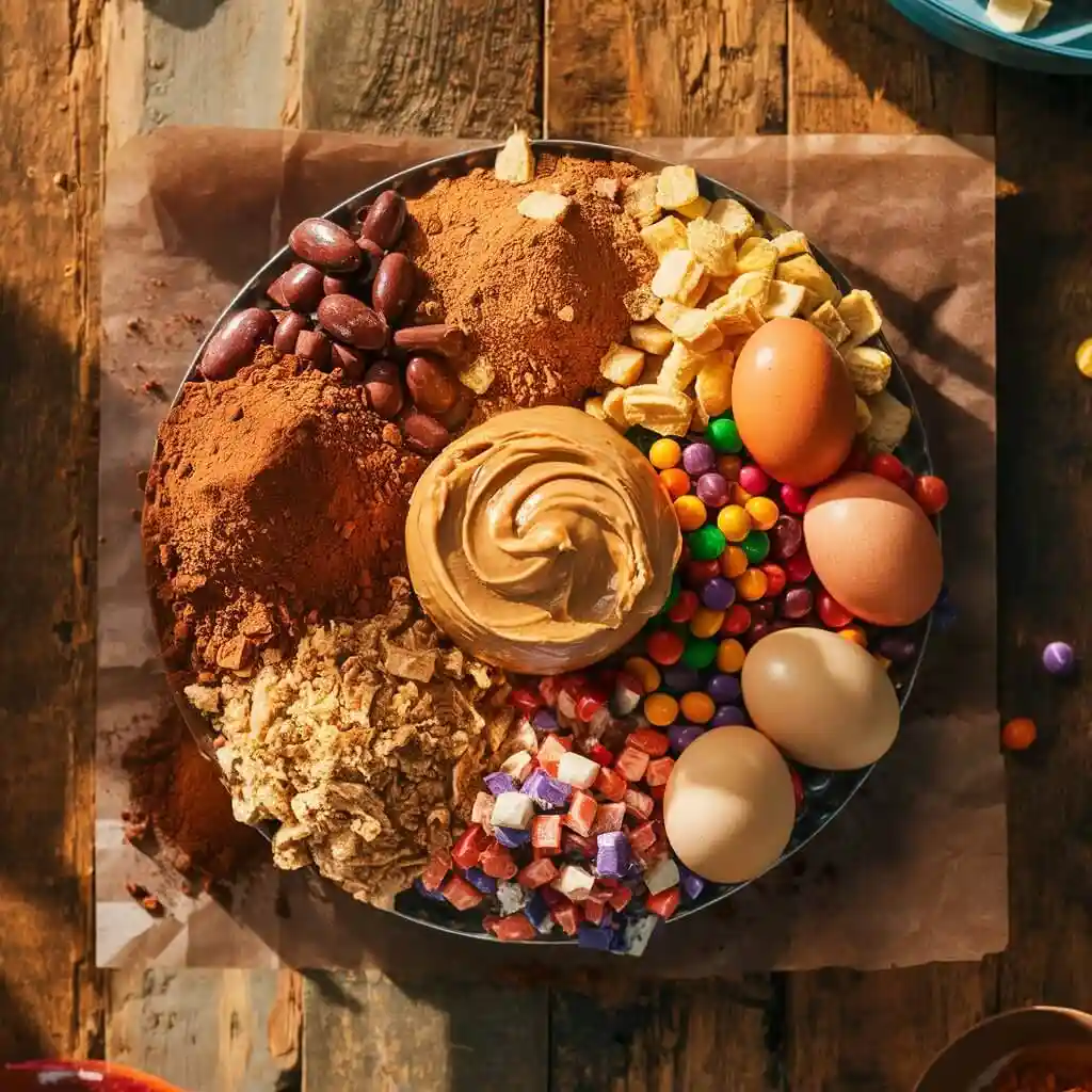 Brownie Lover's Peanut Butter Pizza: 5 Easy Steps 2 Ingredients for Brownie Lover's Peanut Butter Pizza, including cocoa powder, peanut butter, and candies on a wooden table