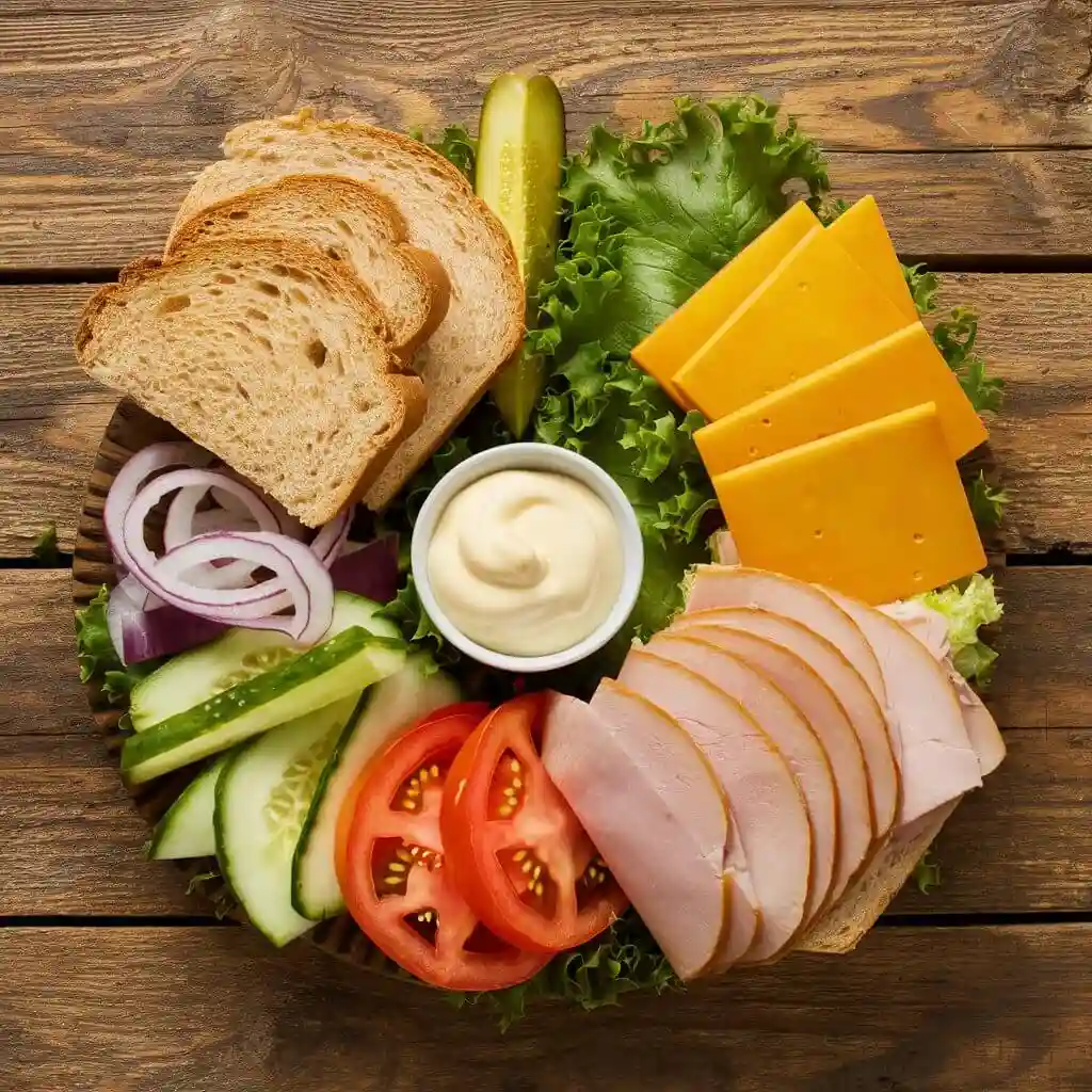Knob Sandwich: 3 Easy Steps to Make It Delicious 2 Fresh knob sandwich ingredients including sourdough bread, turkey, cheddar, lettuce, tomato, cucumber, red onion, and pickle spear.