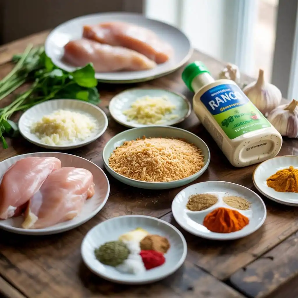 Longhorn Steakhouse Parmesan Crusted Chicken 2 Fresh ingredients for Longhorn Steakhouse Parmesan Crusted Chicken recipe, including chicken breasts, Parmesan, panko, and ranch dressing.