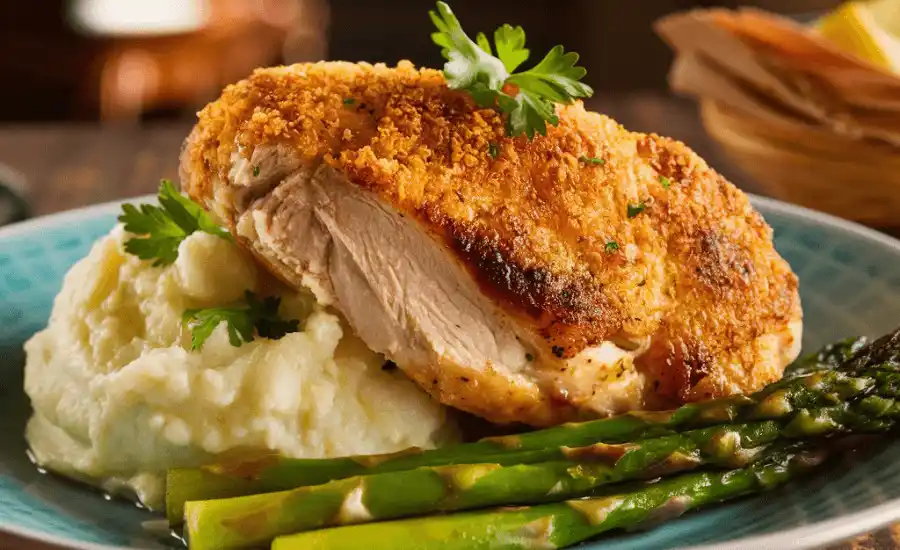 Longhorn Steakhouse Parmesan Crusted Chicken plated with mashed potatoes and asparagus.