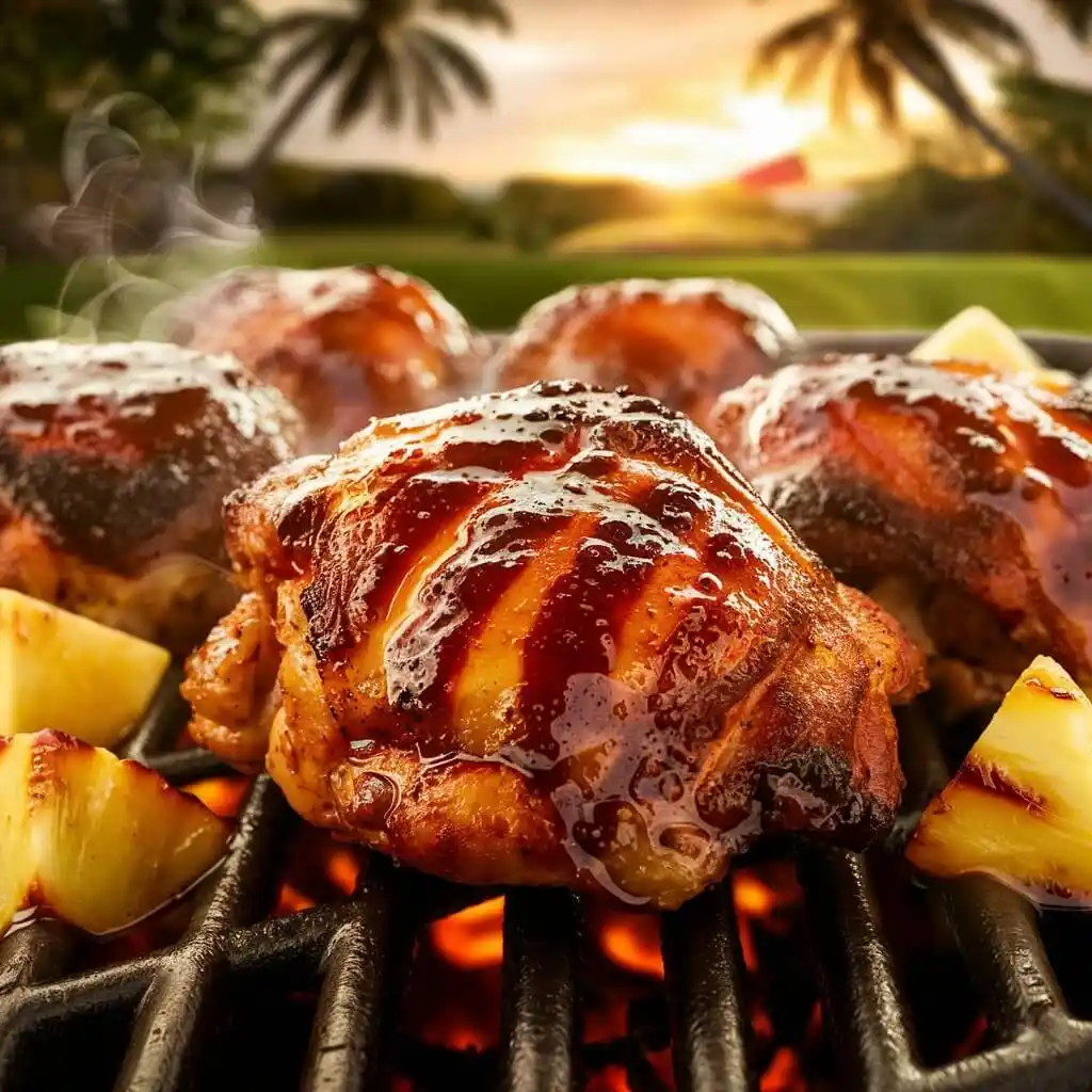 Hawaiian BBQ Chicken Recipe:5 Easy Steps to Juicy Perfection 3 Hawaiian BBQ chicken thighs grilling with pineapple chunks, showcasing glossy marinade.