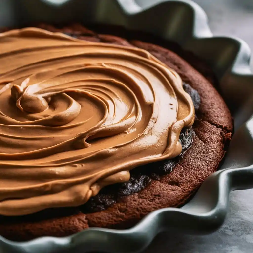 Brownie Lover's Peanut Butter Pizza: 5 Easy Steps 3 Spreading peanut butter topping over a fudgy brownie base for Brownie Lover's Peanut Butter Pizza.