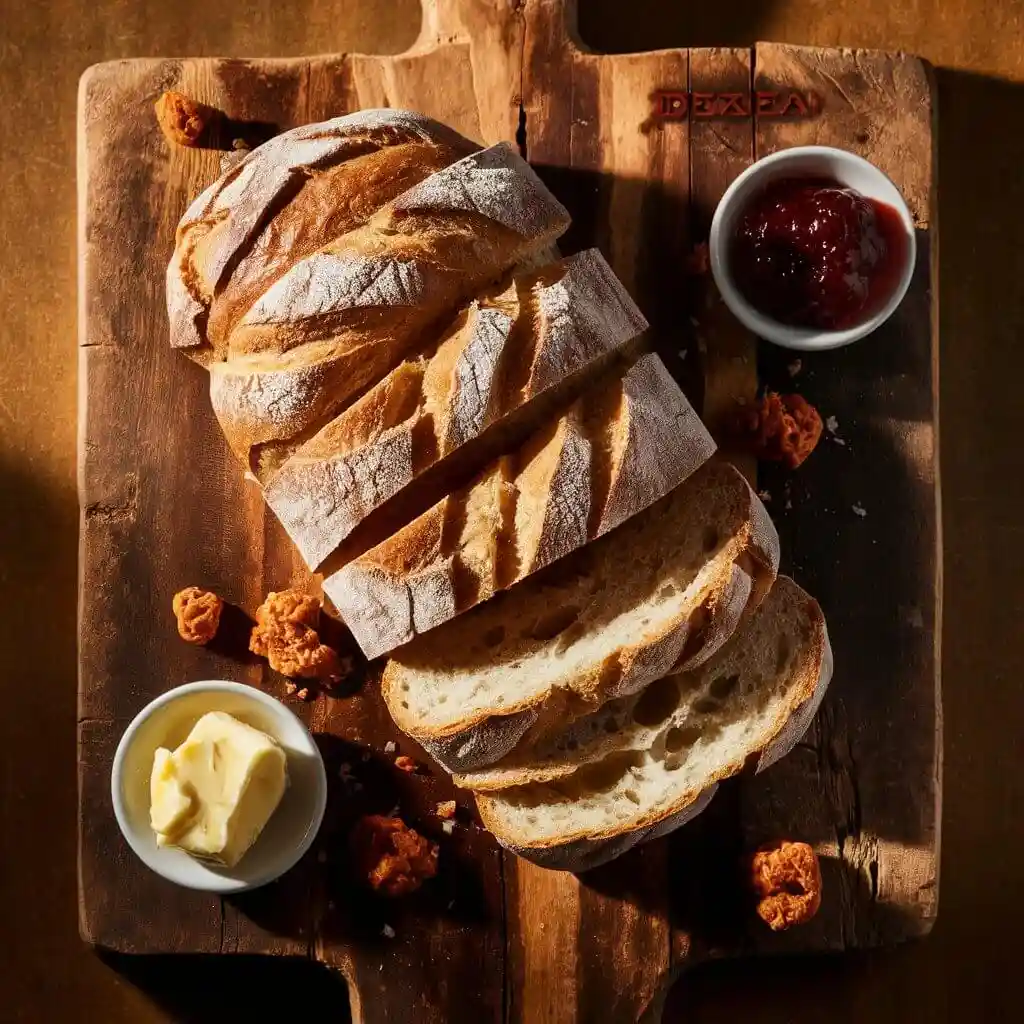 Easy Reka Bread Recipe: A Step-by-Step guide 4 Freshly baked traditional Reka bread loaf, sliced and styled with butter and jam.