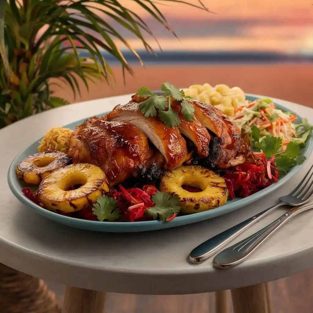 Hawaiian BBQ Chicken Recipe:5 Easy Steps to Juicy Perfection 4 Platter of Hawaiian BBQ chicken with grilled pineapple and tropical sides, beautifully styled.