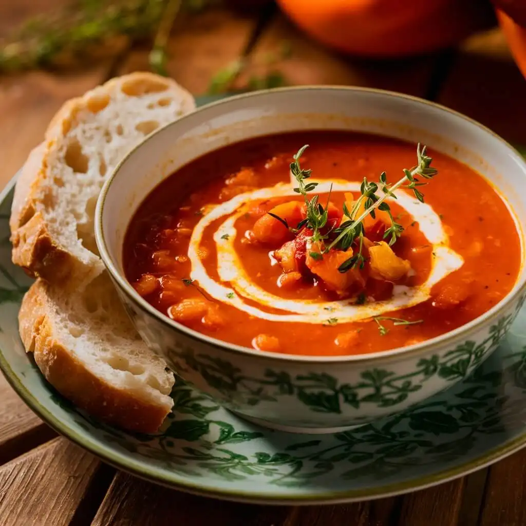 Best Roasted Red Pepper Gouda Soup in 30 Minutes 4 Creamy roasted red pepper gouda soup garnished with thyme and cream