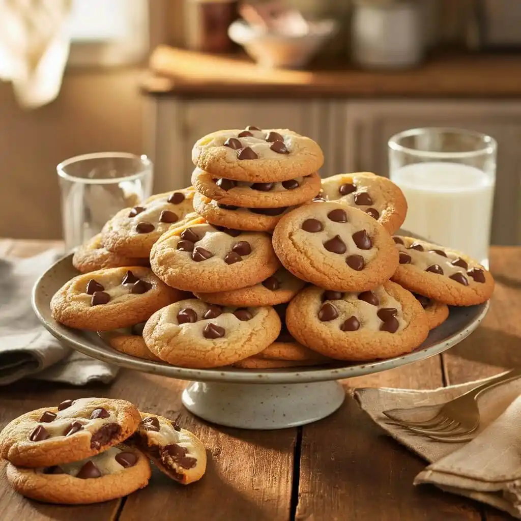 Quick Toll House Cookie Recipe in 30 Minutes or less 4 A stack of freshly baked Nestlé Toll House chocolate chip cookies with a glass of milk
