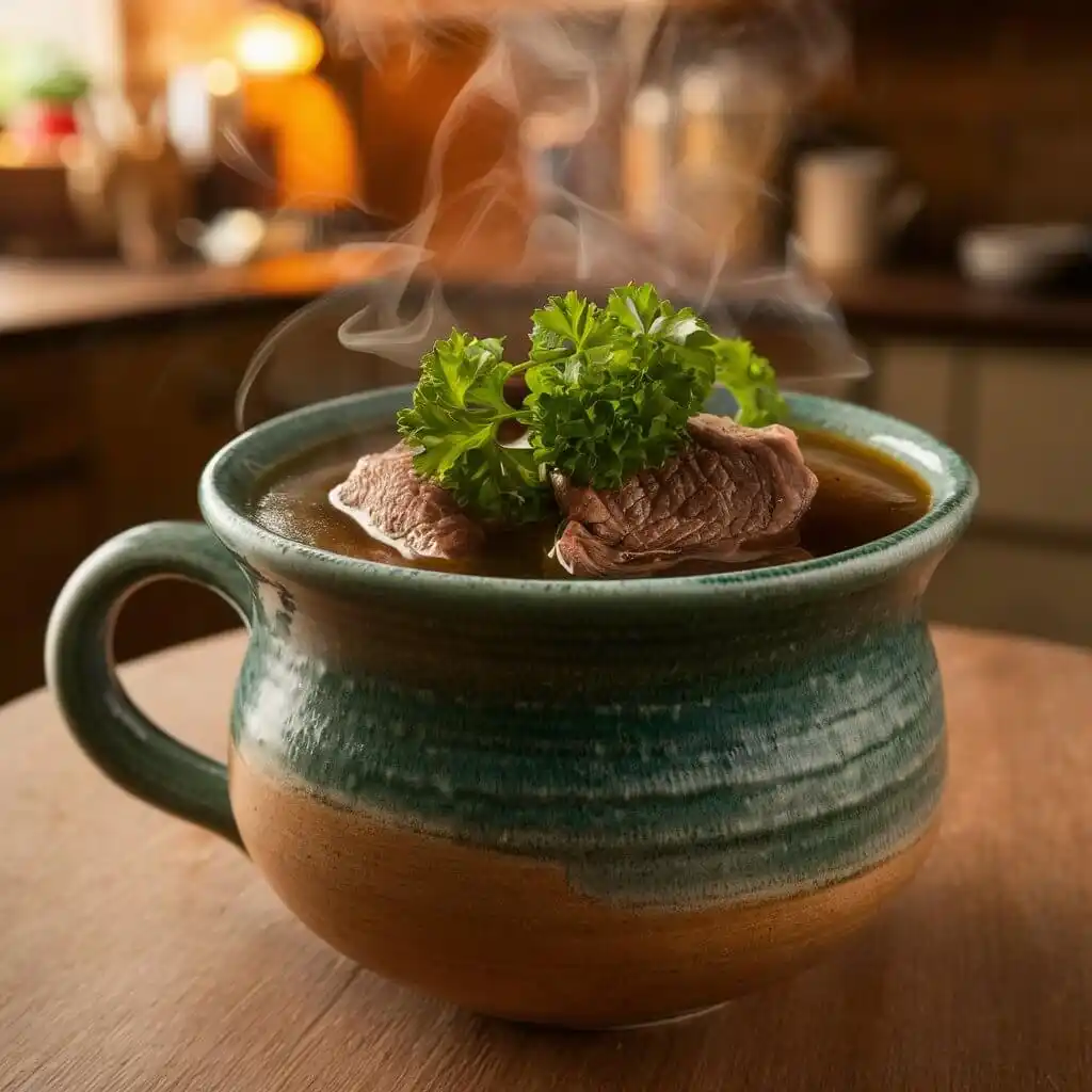 Soup Bones: 5 Easy Steps to Rich Homemade Broth 4 Steaming mug of homemade beef bone broth with parsley garnish