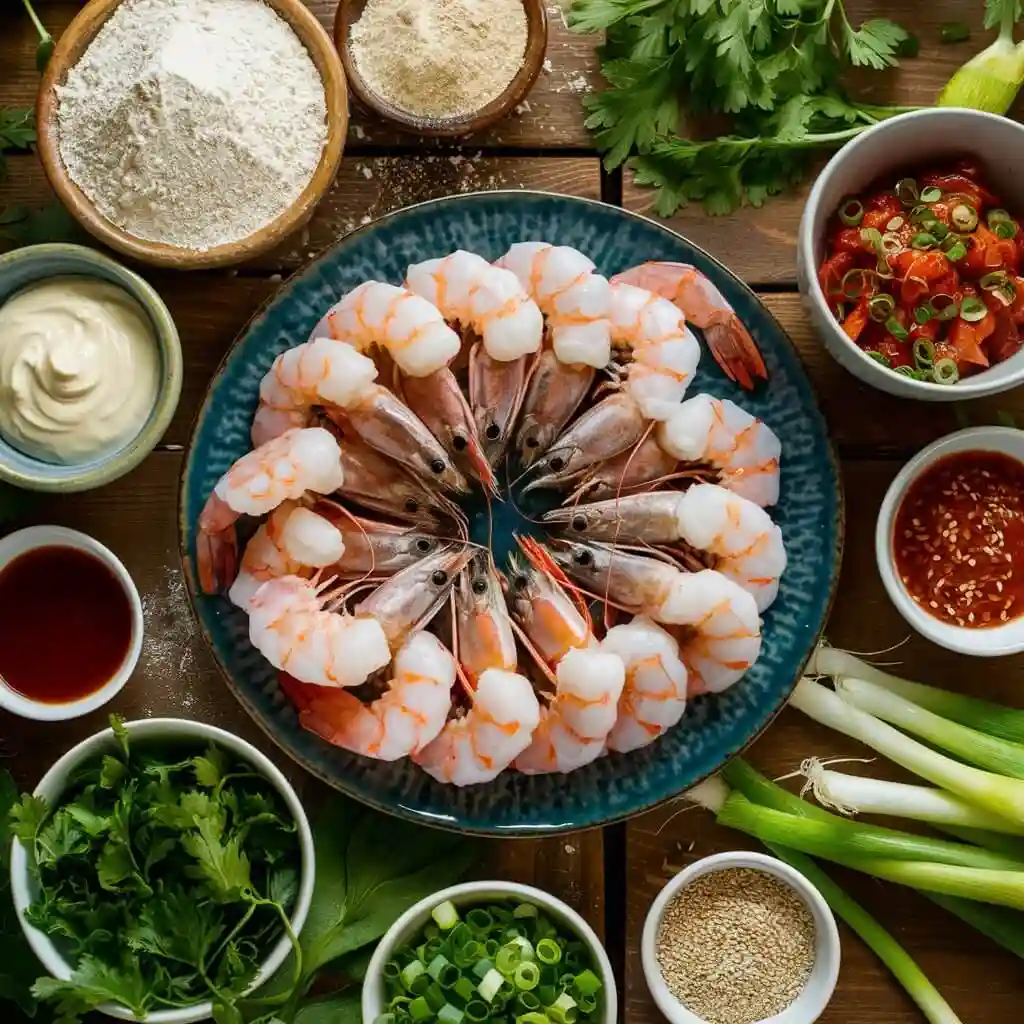 Boom Boom Shrimp: 5 Simple Steps to Crispy Perfection 2 Fresh ingredients for Boom Boom Shrimp recipe, including shrimp, flour, mayonnaise, and Thai sweet chili sauce.