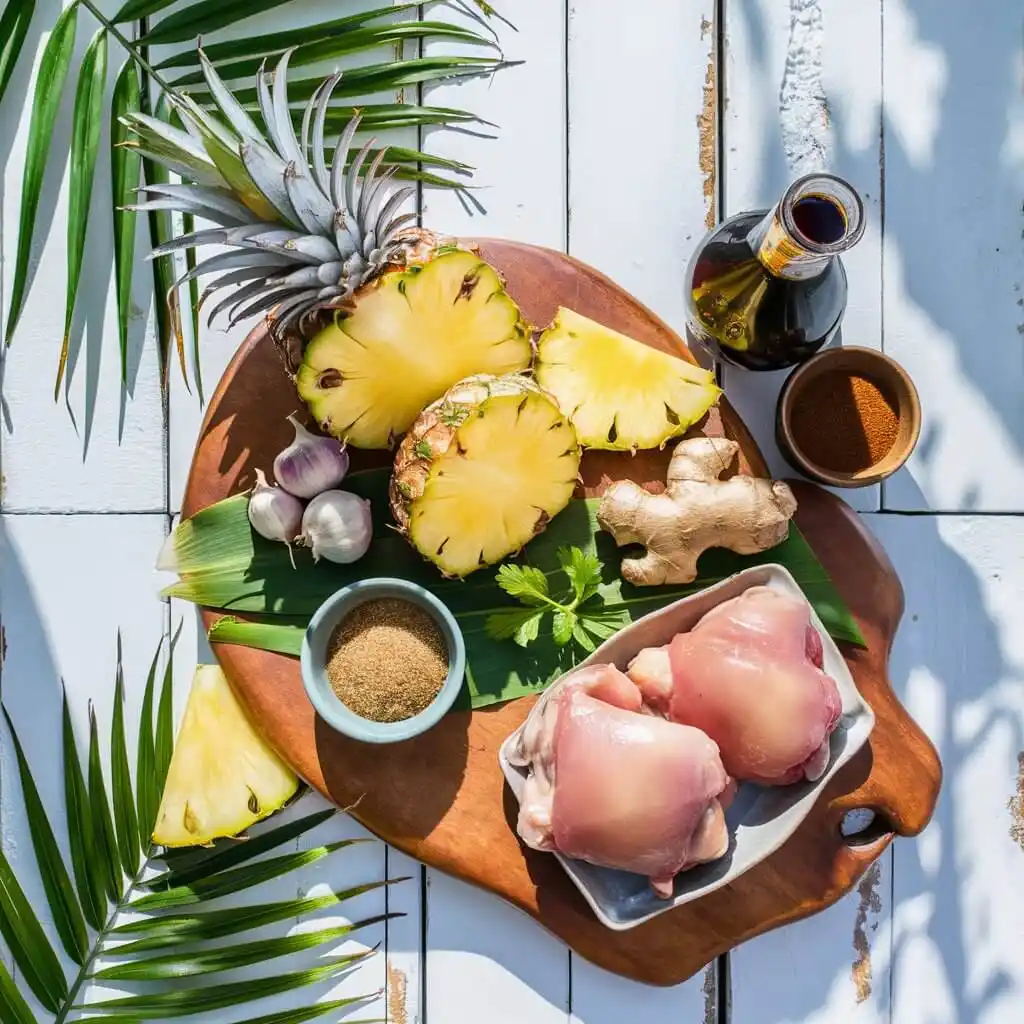 Hawaiian BBQ Chicken Recipe:5 Easy Steps to Juicy Perfection 2 Fresh ingredients for Hawaiian BBQ chicken recipe, including pineapple, soy sauce, and chicken thighs on a wooden table.