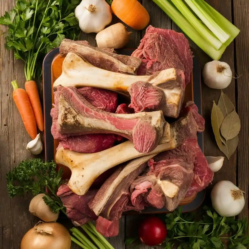 Soup Bones: 5 Easy Steps to Rich Homemade Broth 2 Fresh beef soup bones with meat, vegetables, and herbs for bone broth recipe